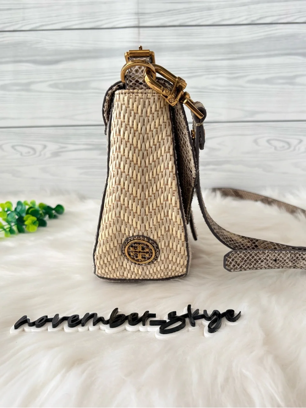 Tory Burch 797 Medium‎ Natural Raffia Snakeskin Print Flap Satchel Shoulder Bag.